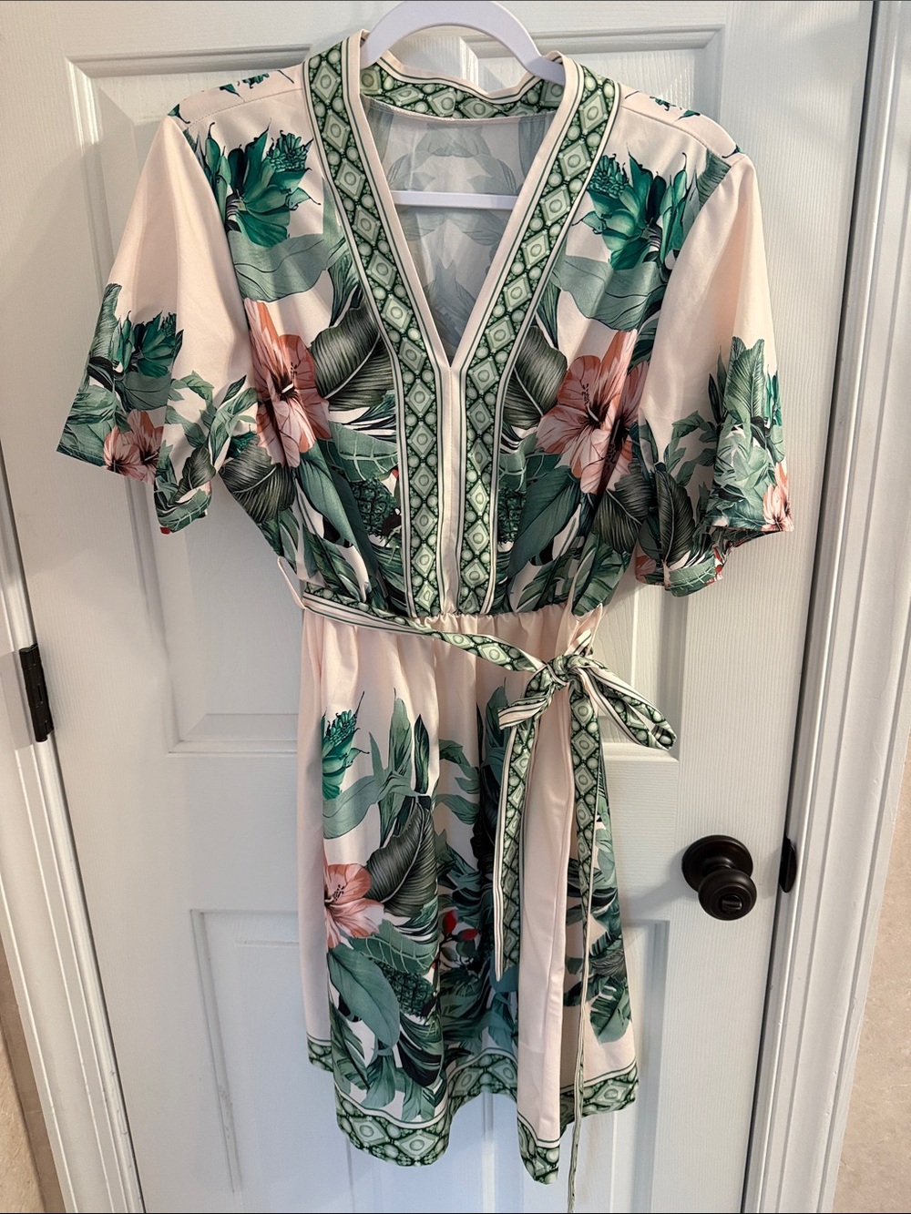 Floral V-Neck Wrap Dress - Green & Blush